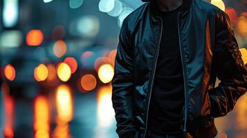 Keep it chic and modern with a monochromatic color scheme, featuring a genderneutral bomber jacket, black plain tee, and sleek black relaxedfit denim. photo