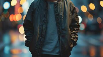 For a more casual and laidback vibe, opt for a lightweight and oversized genderneutral bomber jacket, paired with a simple grey plain tee and comfortable relaxedfit denim. photo