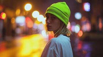 Stay warm and stylish with a cozy oversized white tee and a bold neon green beanie, perfect for a chilly day out. photo