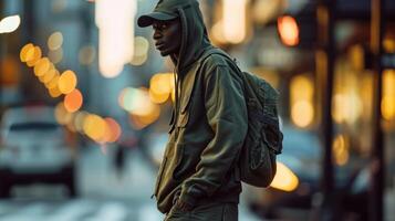 Olive overload Utilize different shades of olive for a monotone streetwear look, pairing an oversized olive green hoodie with olive green cargo pants and a matching baseball cap. photo