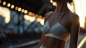 A sporty twist on organic materials with a crop top made from breathable cotton and highwaisted biker shorts in sustainable hemp fabric. photo