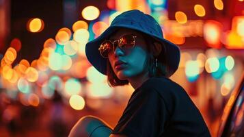 Bold and Bright Make a statement with an electric blue bucket hat, oversized black tshirt, and blue shorts outfit that demands attention with its vibrant color scheme. photo