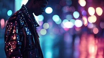 Nightlife ready Stand out in the dark with a jacket embellished with LED lights, a smart tshirt, and hightech sneakers that will have heads turning as you hit the town. photo