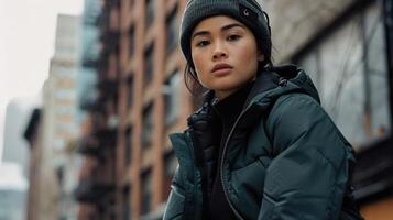 Cozy and chic with a highloft synthetic jacket, comfortable base layer bodysuit, and rugged mountain pants. photo
