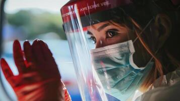 A closeup of an EMTs gloved hand administering a shot to a patient while wearing a face mask and plastic face shield. photo