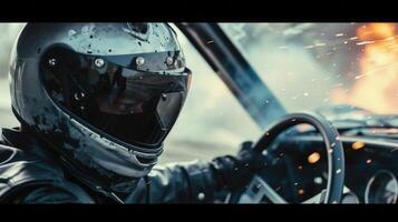 A fearless stunt performer, with their face covered by a helmet and visor, performs a dangerous car crash for a thrilling scene on a movie set. photo