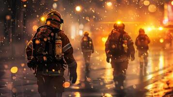A group of emergency workers, protected from head to toe, rush towards a disaster area to help those in need. photo