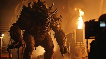 A stunt performer, dressed in a monster costume, uses special effects skills to create a terrifying scene on a movie set. photo