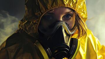 A portrait of a team member removing their biohazard suit, revealing the relief and exhaustion on their face after a long and difficult response mission. photo