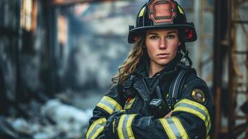 A portrait of a female firefighter confidently standing with her arms crossed, displaying her strength in full gear. photo