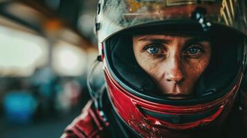 A portrait of the racer just before a race, adjusting their helmet while looking intensely at the camera. photo