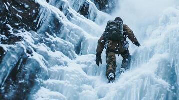 In the harsh conditions of a blizzard, an experienced ice climber in a camouflage jacket and a thick woolen beanie fearlessly climbs up a frozen waterfall, unfazed by the freezing winds. photo