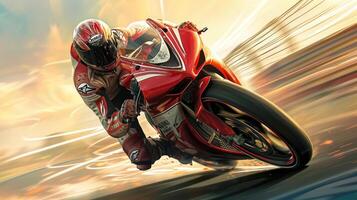 Full Speed Ahead A portrait of the racer in action, leaning low on their bike, speed lines blurring in the background, with their fullface helmet visible. photo