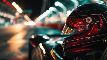 A portrait of the drivers helmet resting on the side of the car, with a blur of the race visible in the background. photo