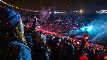 The energy in the stadium is electric as the spectators join in on the light show waving glow sticks and flashing their phone lights photo