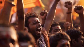 The energy of the crowd is palpable as they chant and wave their banners with fervor photo