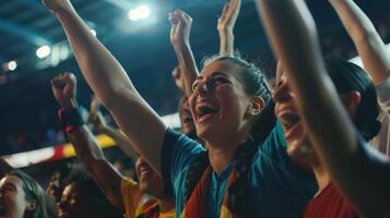 Fans jumping up and down in excitement clapping and chanting as their team inches closer to victory photo