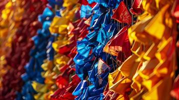 The sea of banners and flags creates a mesmerizing visual display in the stadium photo