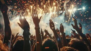 Smiling faces and hands raised in the air are illuminated by the glow of fireworks and the rain of confetti at the stadium photo