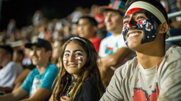 Spectators proudly displaying their homemade signs their faces painted in their teams colors photo