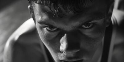 The intense stare of a wrestler as they prepare to take down their opponent on the mat photo