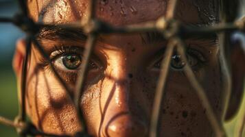 A tight shot of a goalkeepers determined eyes as they anticipate the opponents next move photo