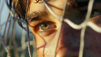 A tight shot of a goalkeepers intense eyes as they read the movements of their opponent photo