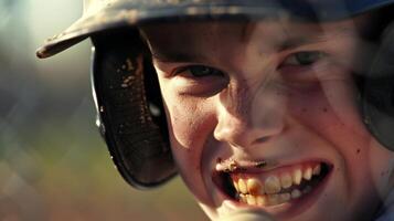 The gritted teeth of a baseball batter show their determination to hit a home run for their team photo