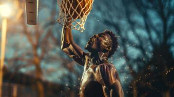 el sudor y determinación evidente en un baloncesto jugadores cara como ellos tomar un desafiante saltar Disparo foto