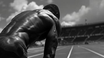The muscles in a sprinters back tensed and ready for the explosive start of the race photo