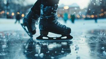 The intricate details of a skaters skate as they perform a triple axel on the ice photo