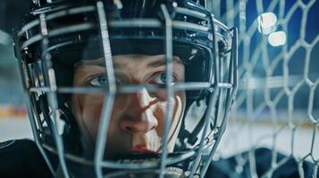 The controlled aggression of a hockey players face as they take a powerful shot at the net photo