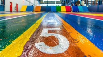 The starting blocks painted with bright colors adding an element of excitement to the already intense race photo