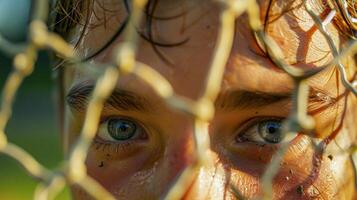 A closeup of a goalkeepers eyes as they yze the trajectory of a free kick photo