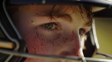 A closeup of a batters face determination evident as they grip the bat and await the pitch photo