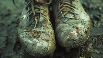 The camera focuses on the worn out bottoms of the cleats a testament to the hard work and dedication of the player photo