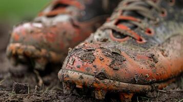 A closeup of the cleats reveals the dirt and grass stains from intense use during the game photo
