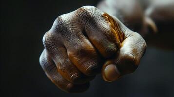 A closeup of a wrestlers clenched fist symbolizing their determination and strength in the ring photo