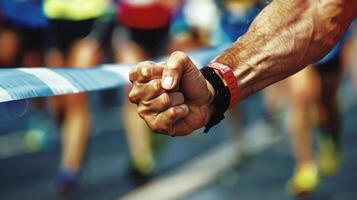 A closeup of a runners clenched fist as they cross the finish line triumphantly celebrating their race photo