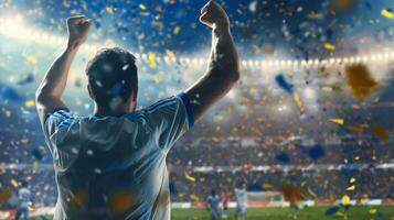 The triumphant celebration of a soccer player fist clenched in the air after scoring a winning goal photo