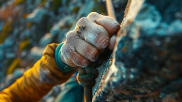 The determination and grit of a rock climber captured in their clenched fist as they reach the top of a challenging route photo