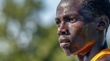 The beads of sweat and look of determination on a runners face showcasing the fierce competition at stadium events photo