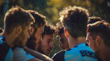 Calm and focused expressions on the faces of players in a tight huddle discussing strategy photo