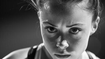 The intense concentration on a gymnasts face as they exee a perfect routine photo