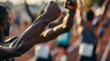 The clenched fists and raised arms of a victorious athlete at the end of a race photo