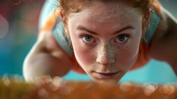 The determination on a gymnasts face as they push through a challenging balance pose photo