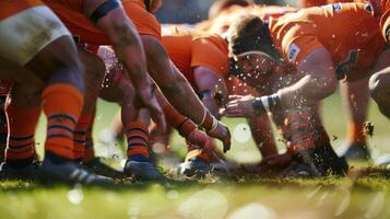 The impact and force of players bodies pressed against each other in a closeup scrum photo