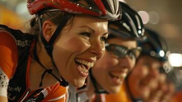 The adrenalinefueled excitement on the faces of both cyclists and spectators at a velodrome event photo