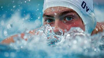 A closeup of a swimmers determined expression as they power through the water avoiding collisions with other competitors photo