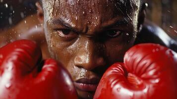 A boxers face is contorted in a mixture of determination and pain as he pushes through exhaustion photo